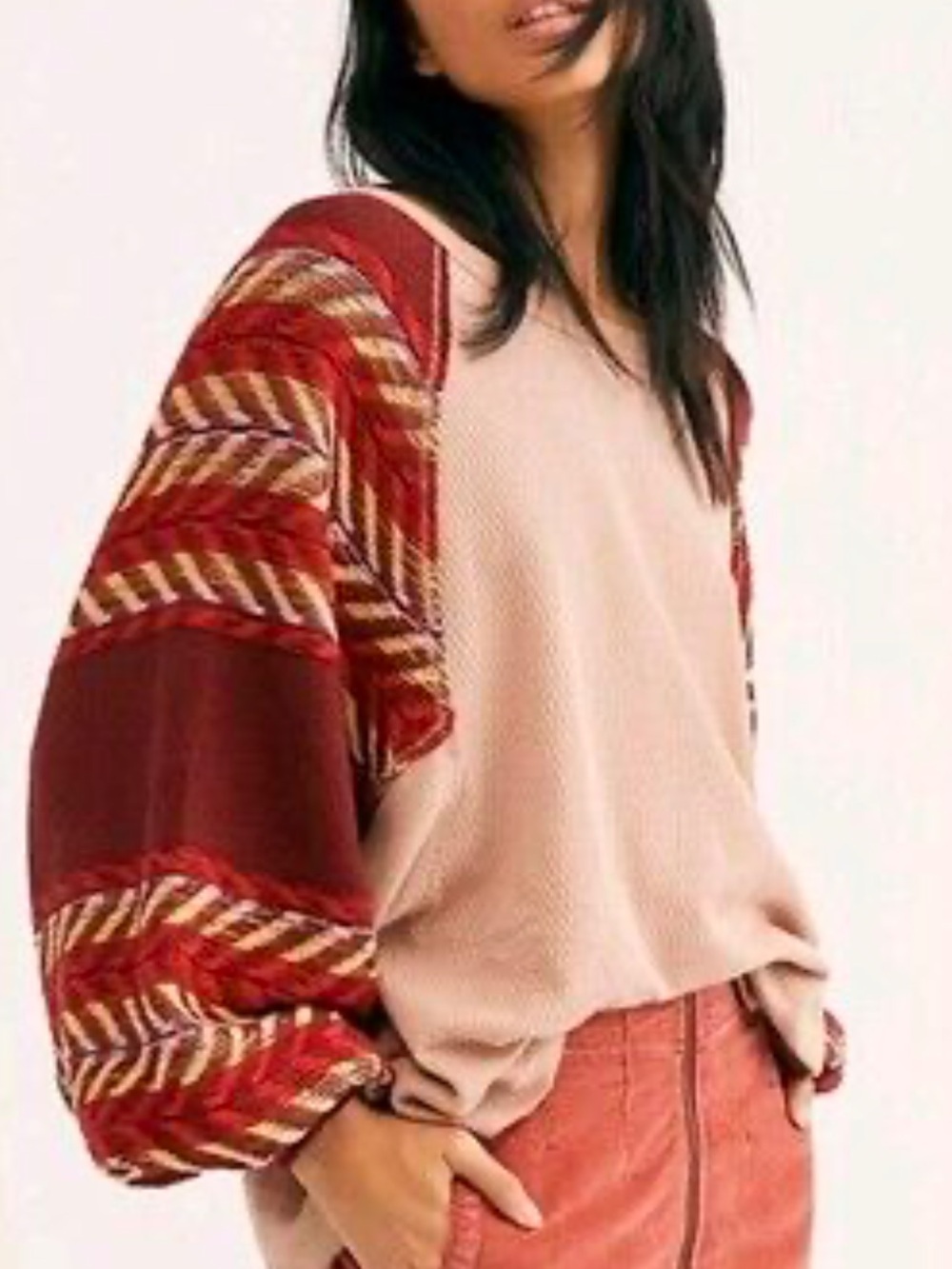 Free people waffle knit exaggerated sleeve Pink and red l/s top small